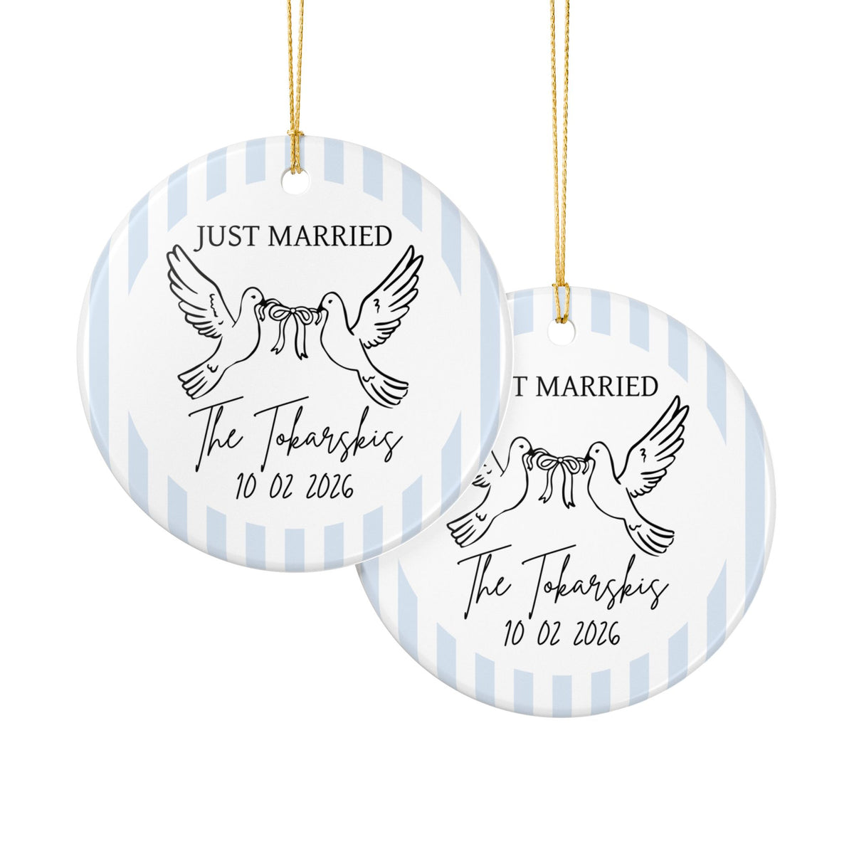 Just Married Personalized Ornament – Doves & Blue Stripes