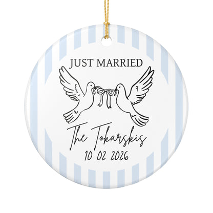 Just Married Personalized Ornament – Doves & Blue Stripes