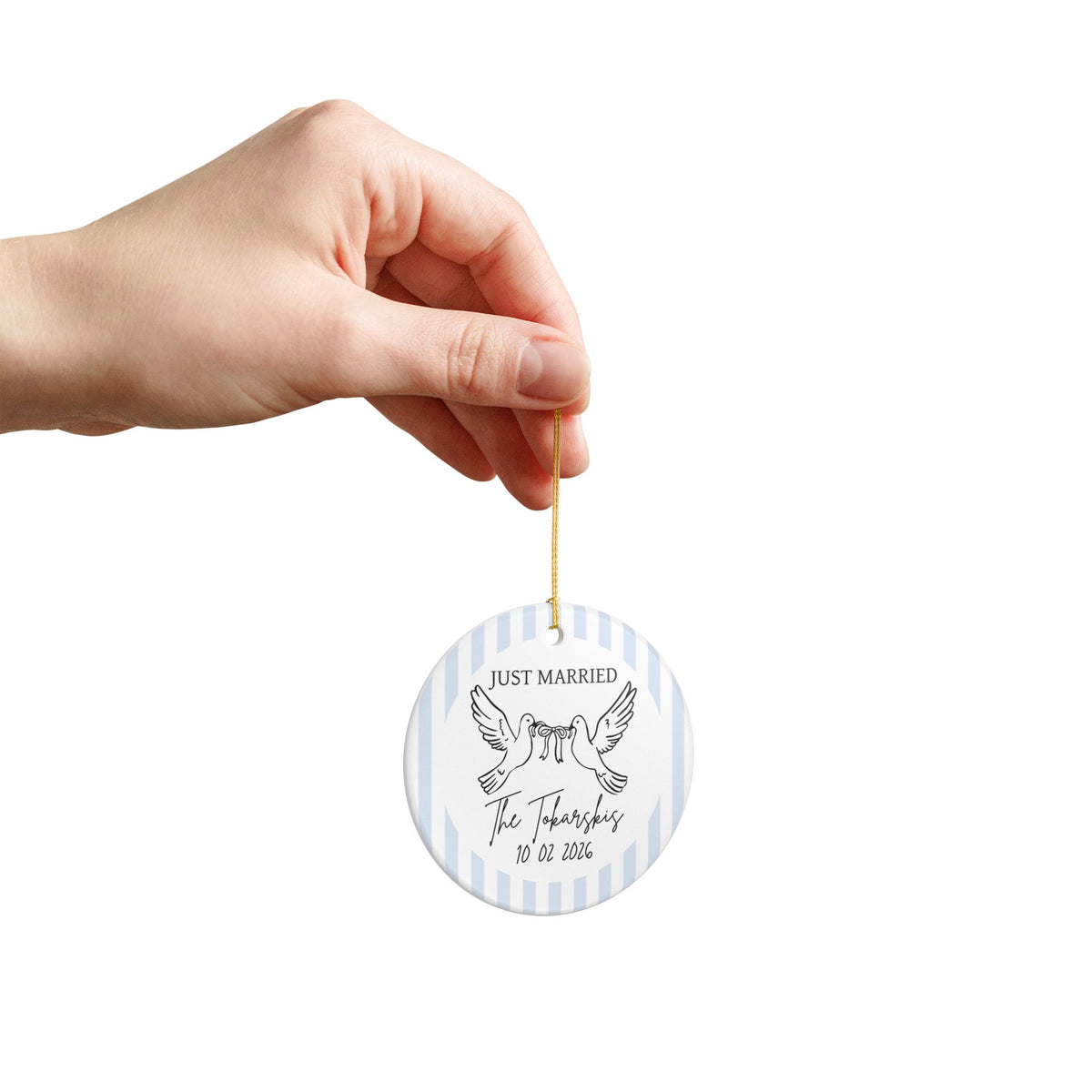 Just Married Personalized Ornament – Doves & Blue Stripes