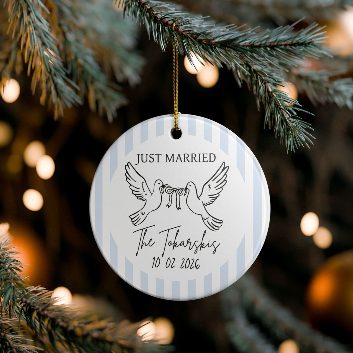 Just Married Personalized Ornament – Doves & Blue Stripes