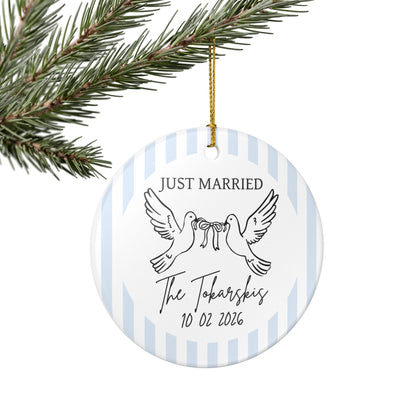 Just Married Personalized Ornament – Doves & Blue Stripes