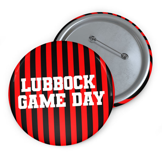 Game Day Pin Button — "Lubbock Game Day" Red & Black Striped Team Button