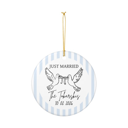 Just Married Personalized Ornament – Doves & Blue Stripes