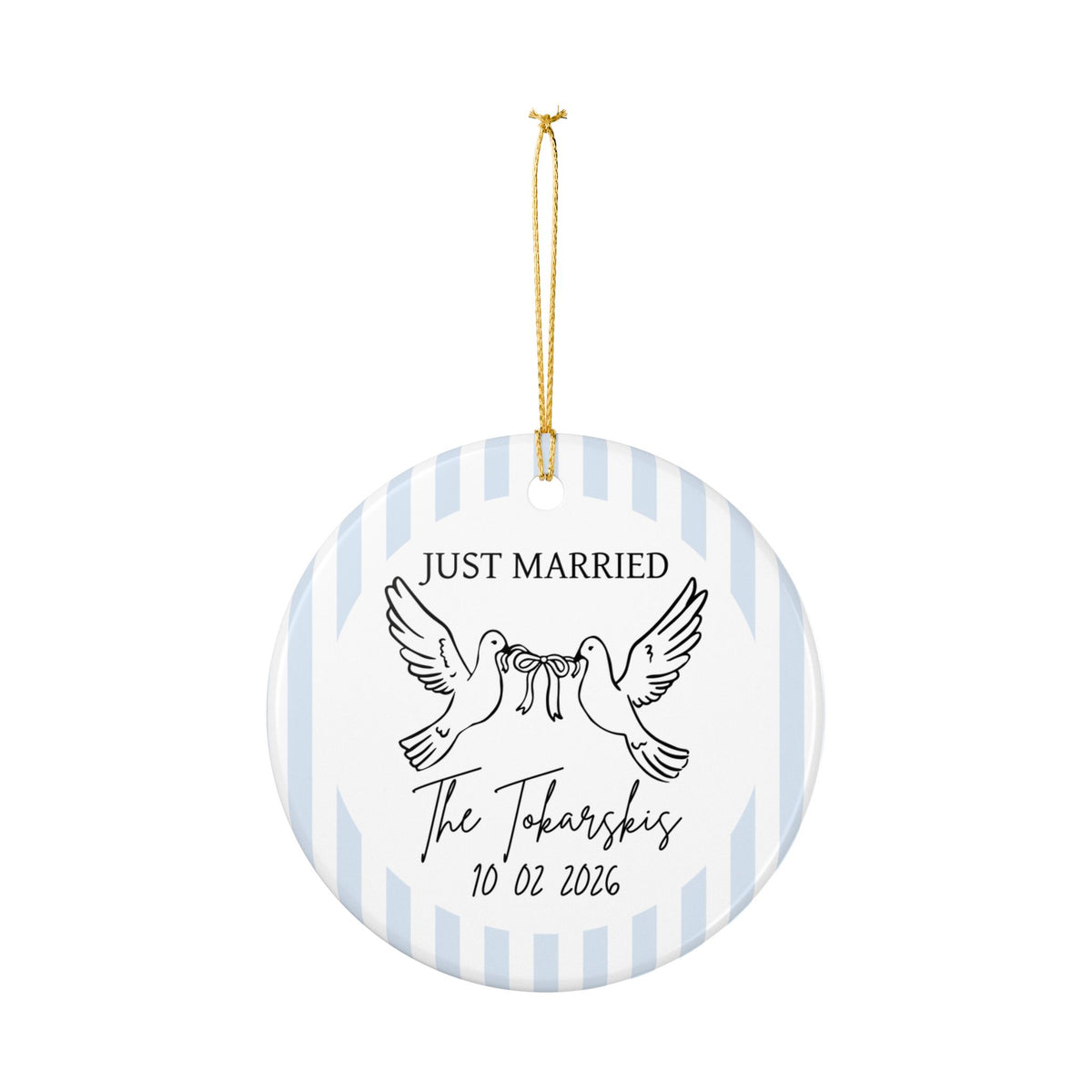 Just Married Personalized Ornament – Doves & Blue Stripes