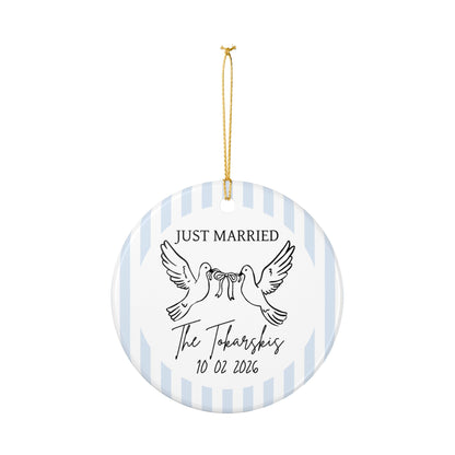 Just Married Personalized Ornament – Doves & Blue Stripes