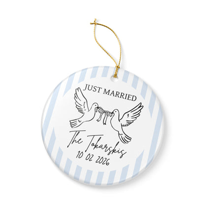 Just Married Personalized Ornament – Doves & Blue Stripes