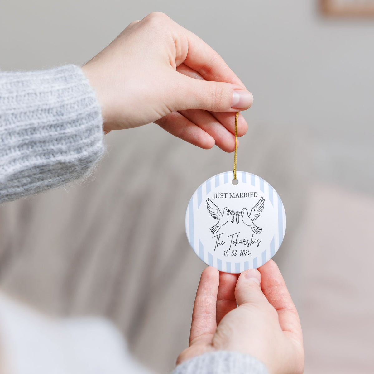 Just Married Personalized Ornament – Doves & Blue Stripes